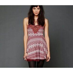Free People Mini Dress Size Large Chevron Knit Fit & Flare Beaded Sweetheart